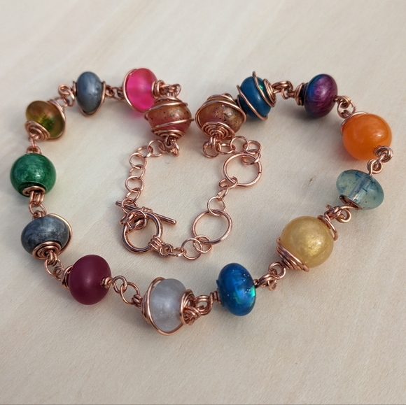 Rose Gold Rainbow Resin Beads Wire Wrapped Necklace Handmade Unique Cute - Picture 4 of 8